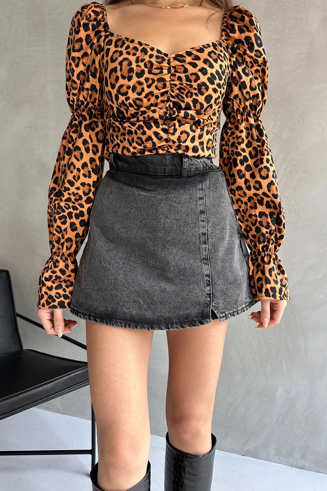 Brown Leopard Print Blouse with Stitching Detail BCDF-242132 - Midwest City