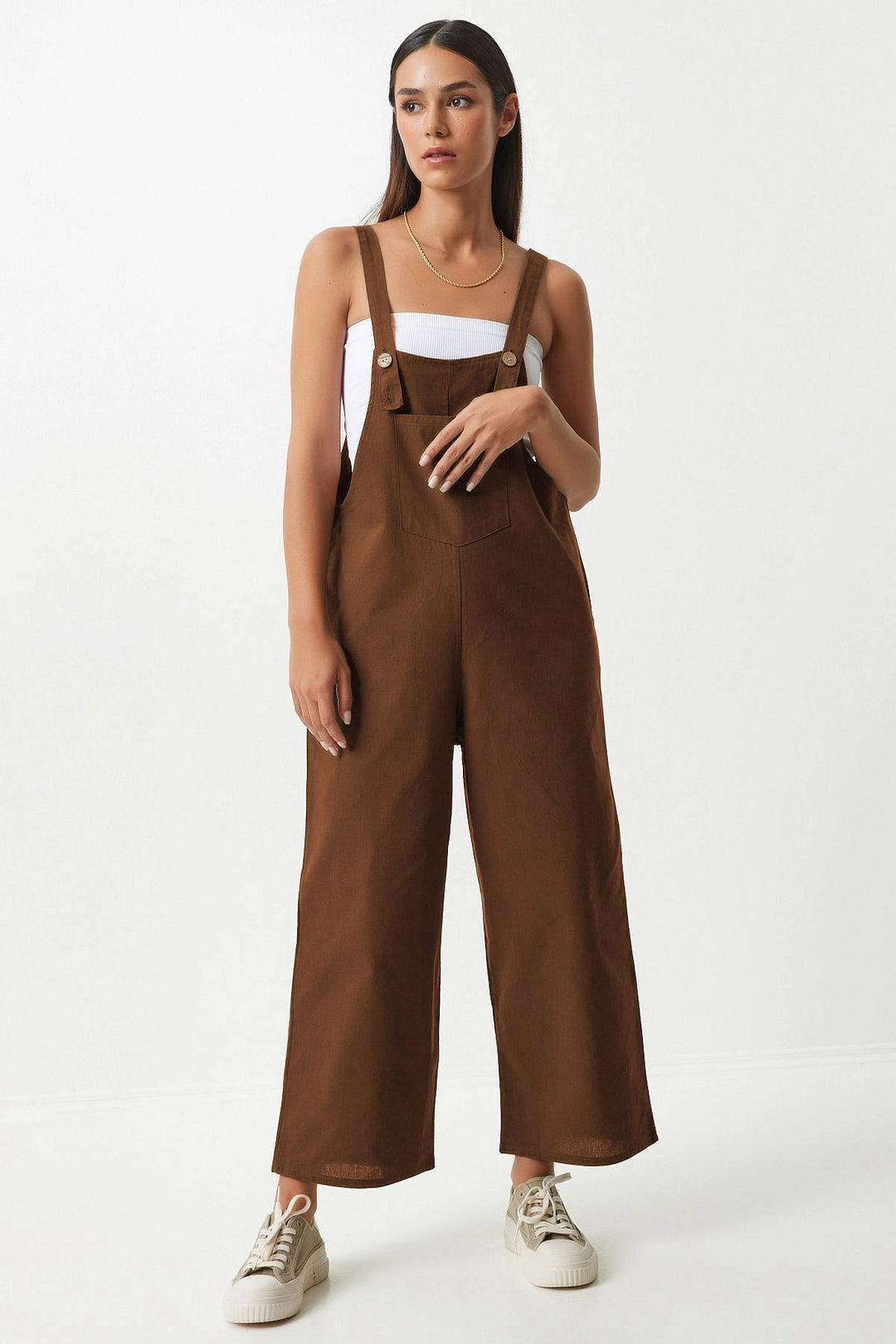 Brown Front Pocketed Strapped Summer Gabardine Gardener Jumpsuit - Marseille