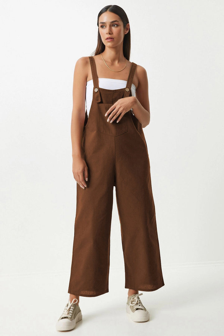 Brown Front Pocketed Strapped Summer Gabardine Gardener Jumpsuit - Marseille