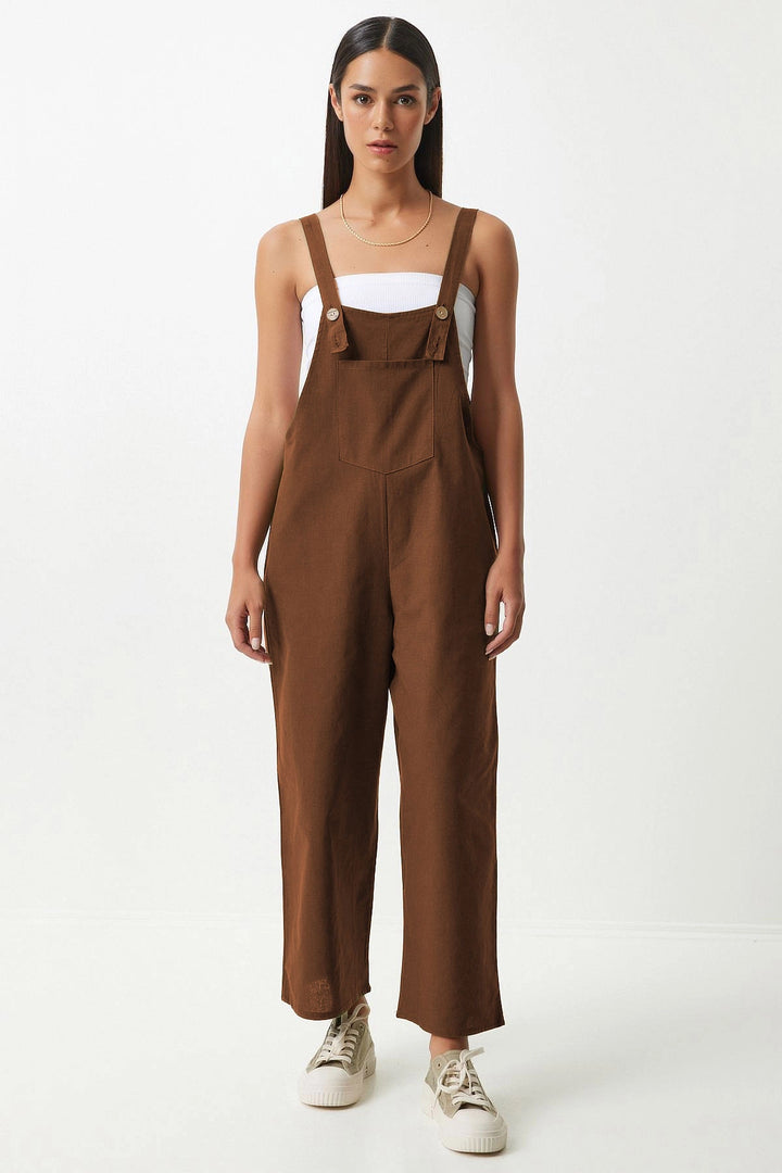 Brown Front Pocketed Strapped Summer Gabardine Gardener Jumpsuit - Marseille