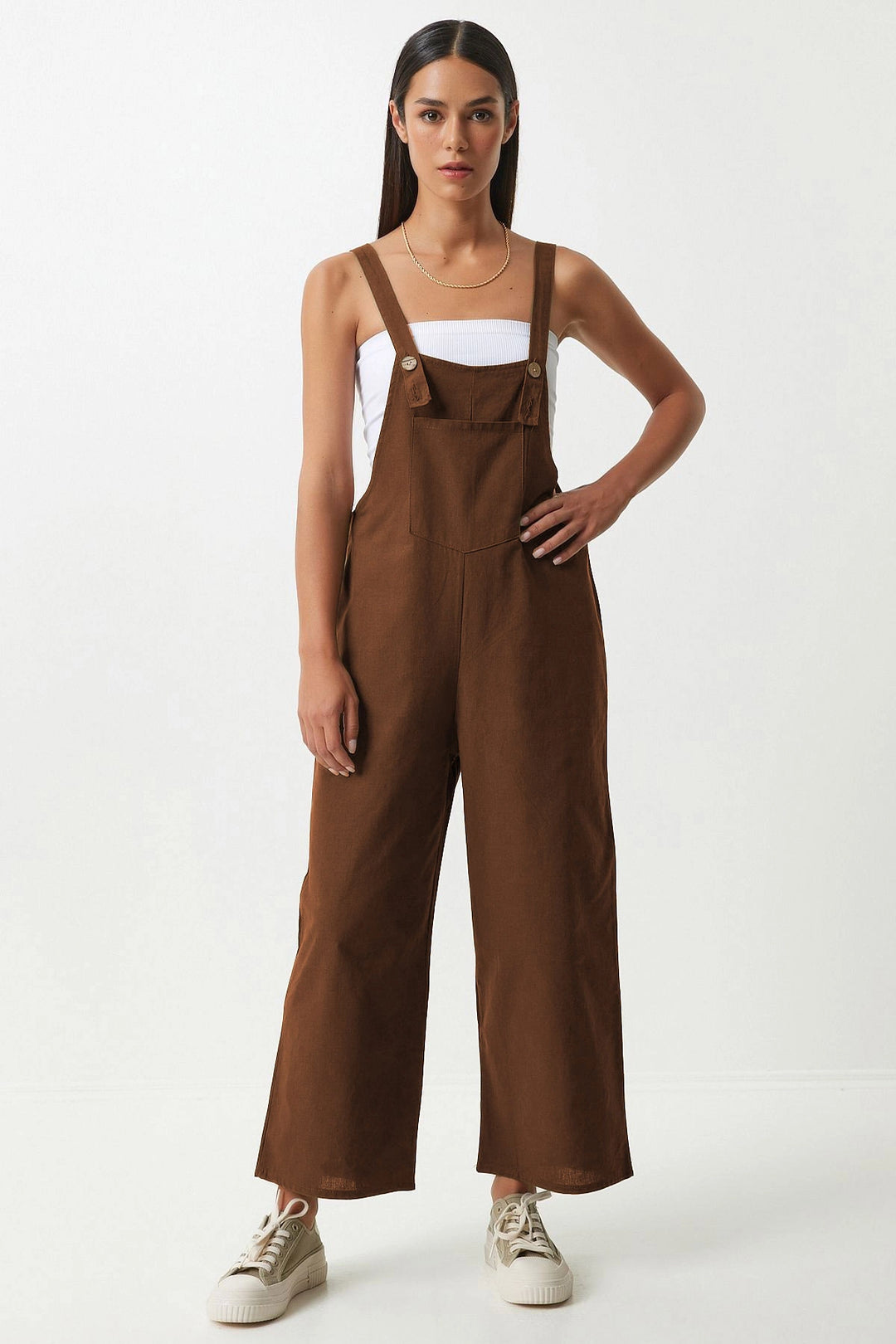 Brown Front Pocketed Strapped Summer Gabardine Gardener Jumpsuit - Marseille