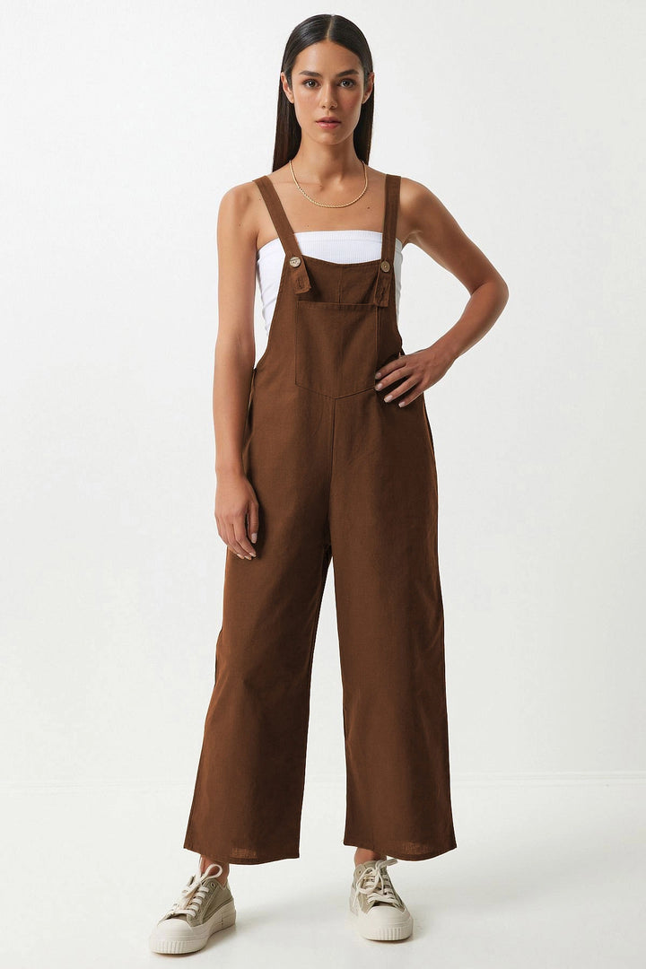 Brown Front Pocketed Strapped Summer Gabardine Gardener Jumpsuit - Marseille