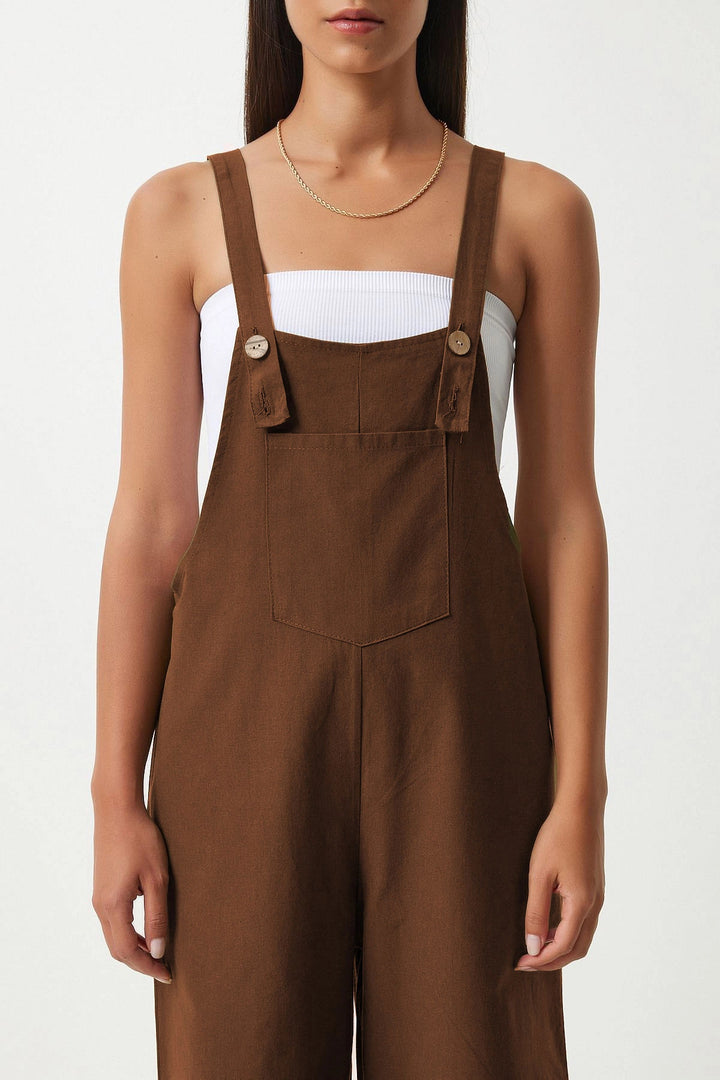 Brown Front Pocketed Strapped Summer Gabardine Gardener Jumpsuit - Marseille