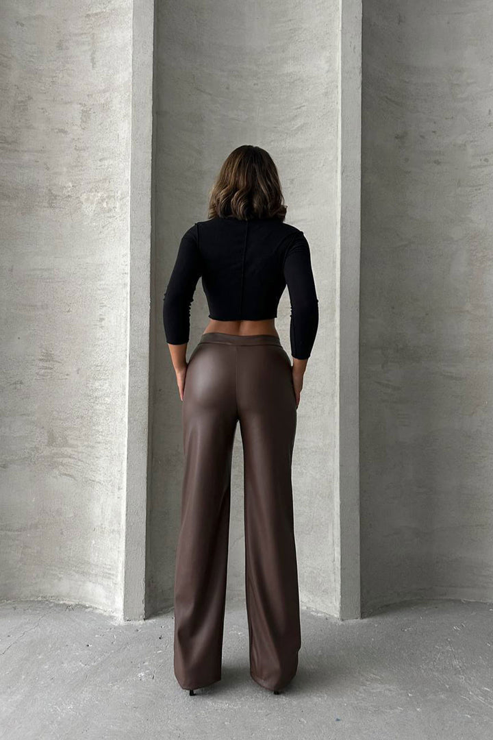 Brown Front Seam Detailed Faux Leather Palazzo Pants BCHN-2526654 - Mazara del Vallo