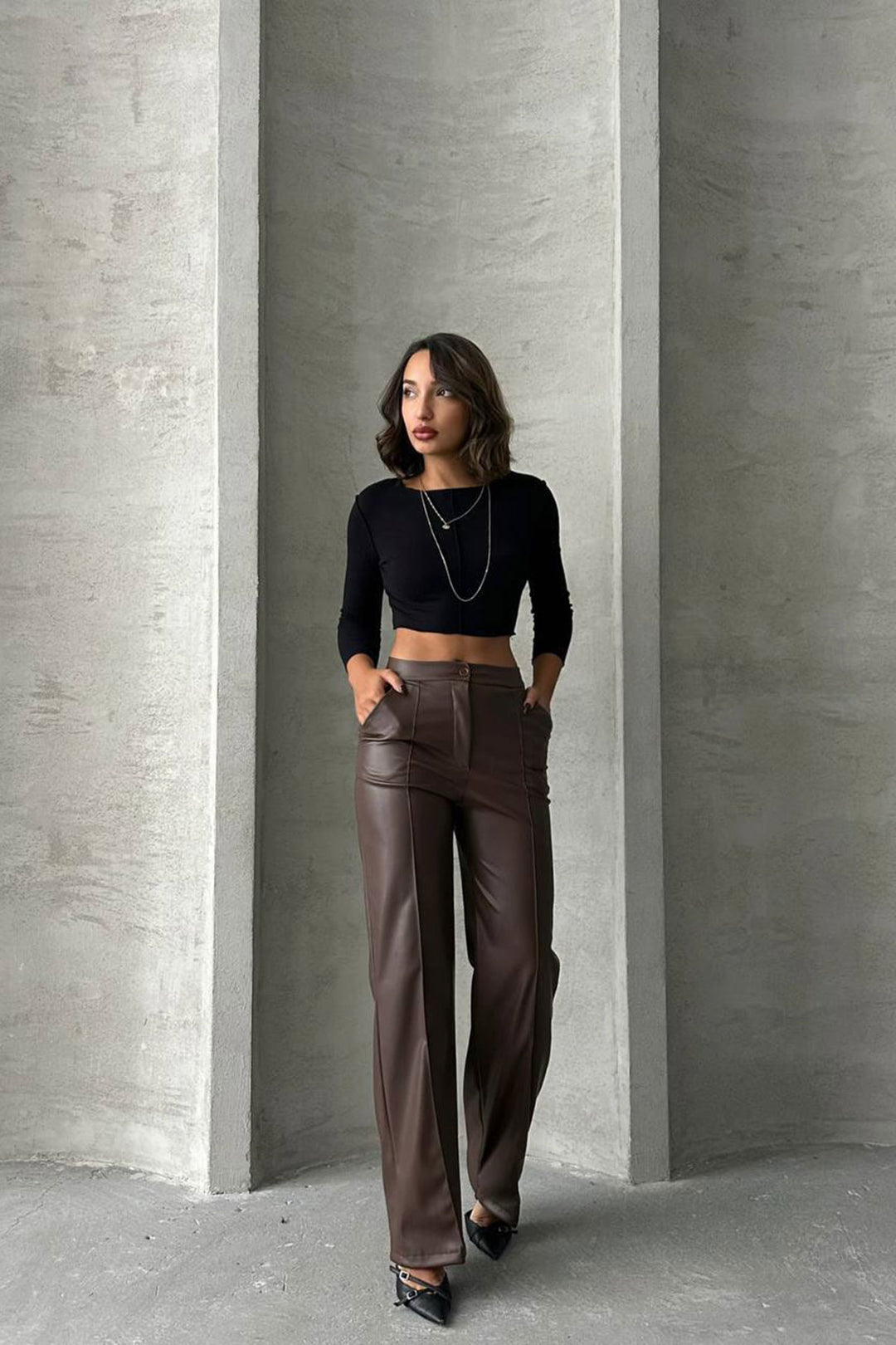 Brown Front Seam Detailed Faux Leather Palazzo Pants BCHN-2526654 - Mazara del Vallo
