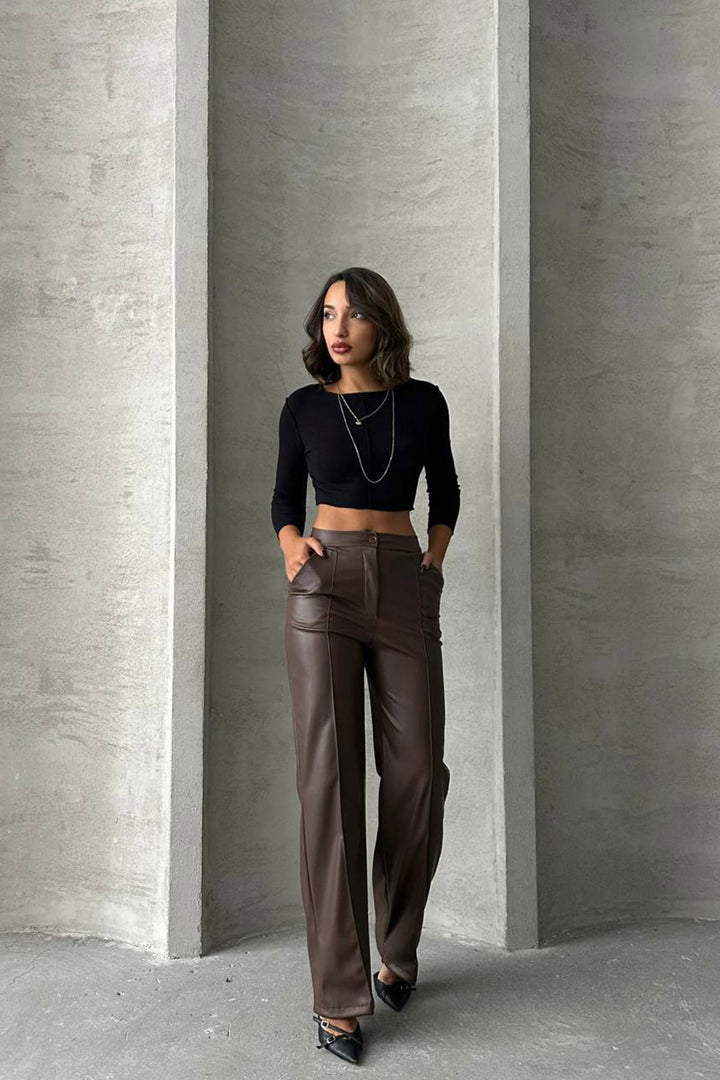 Brown Front Seam Detailed Faux Leather Palazzo Pants BCHN-2526654 - Mazara del Vallo
