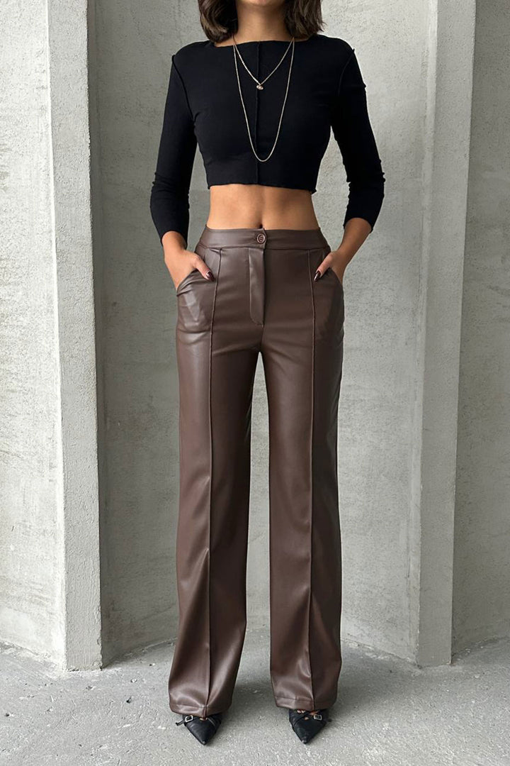 Brown Front Seam Detailed Faux Leather Palazzo Pants BCHN-2526654 - Mazara del Vallo