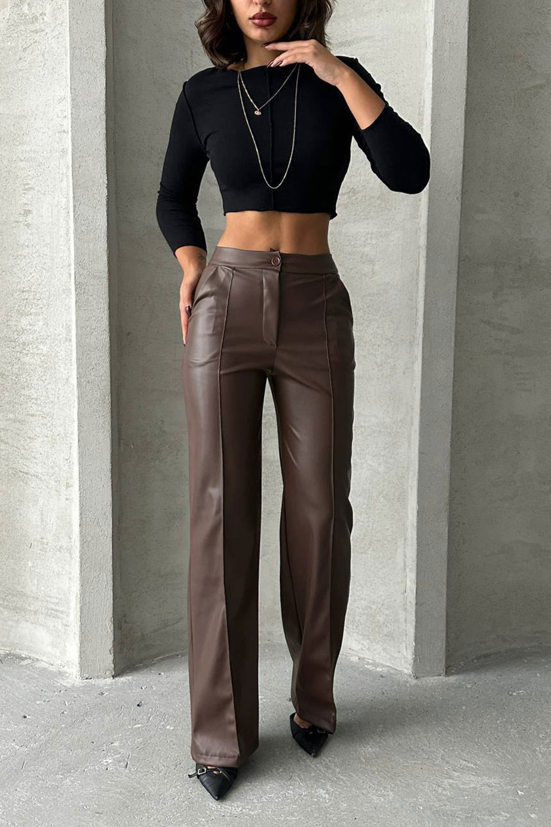 Brown Front Seam Detailed Faux Leather Palazzo Pants BCHN-2526654 - Mazara del Vallo
