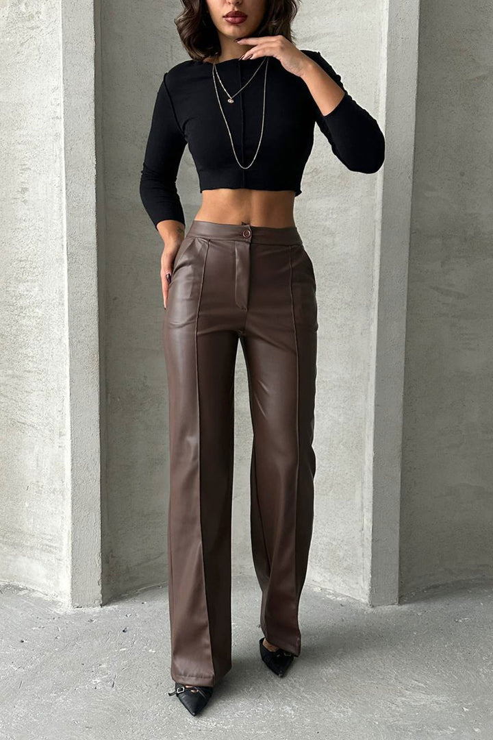 Brown Front Seam Detailed Faux Leather Palazzo Pants BCHN-2526654 - Mazara del Vallo