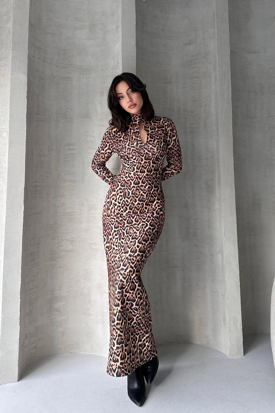 Brown Kiss Collar Maxi Length Patterned Dress BCDF-252148 - Brovary