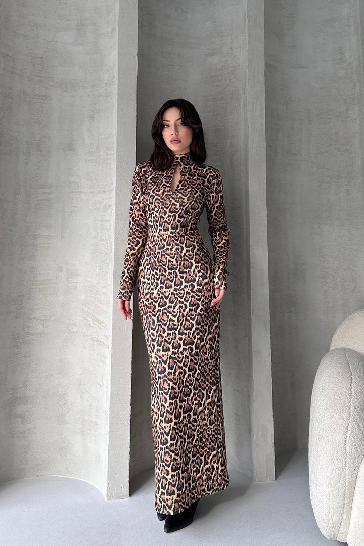 Brown Kiss Collar Maxi Length Patterned Dress BCDF-252148 - Brovary
