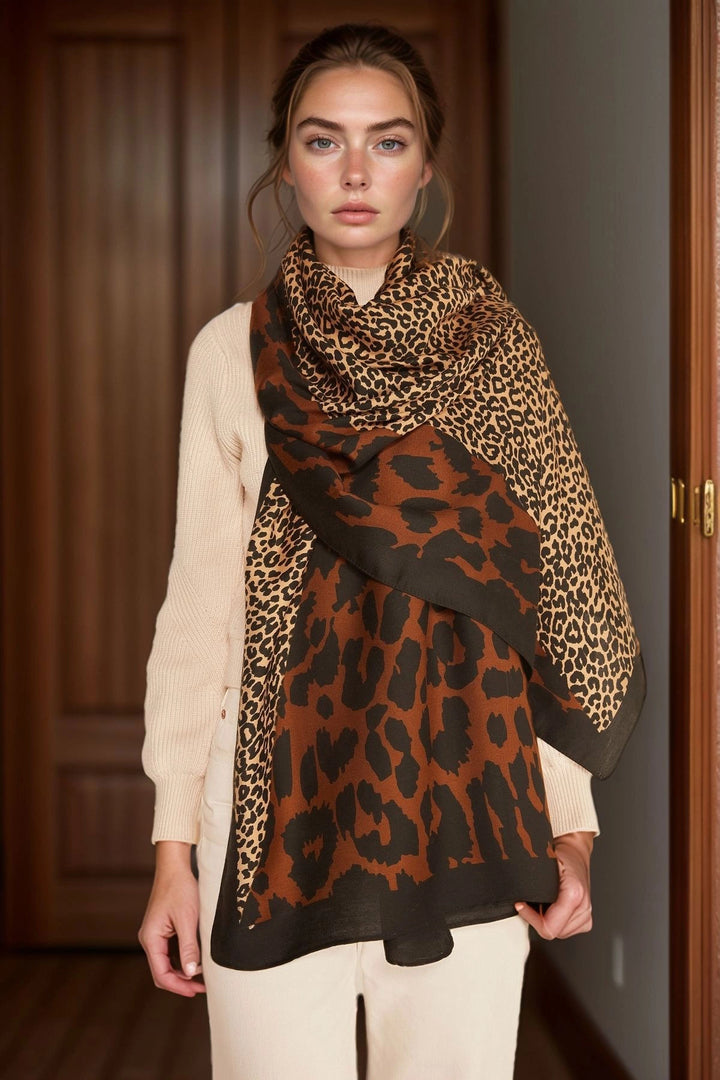 Brown Patchwork Leopard Patterned Shawl BCNSV-2513955 - Port Orange