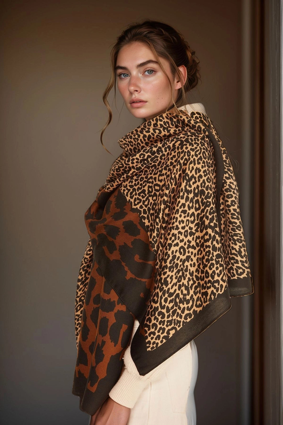 Brown Patchwork Leopard Patterned Shawl BCNSV-2513955 - Port Orange