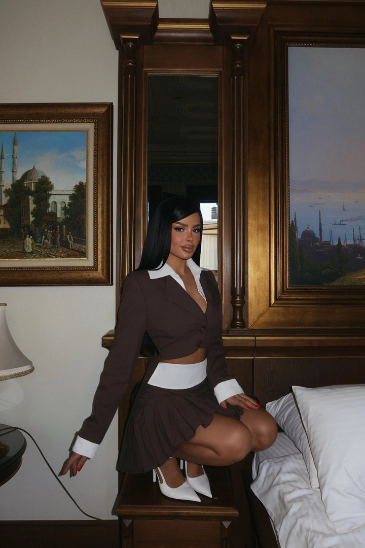 EYY Women Brown Pleated Skirt Suit - Potomac