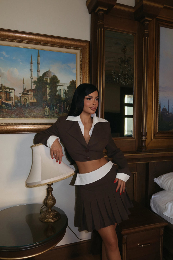 EYY Women Brown Pleated Skirt Suit - Potomac