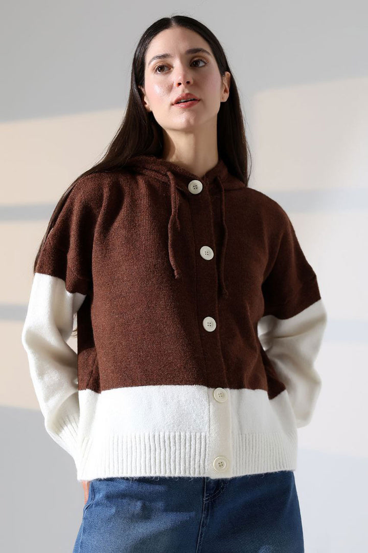 Brown Color Block Hooded Buttoned Knit Cardigan BCES-252017 - Macerata