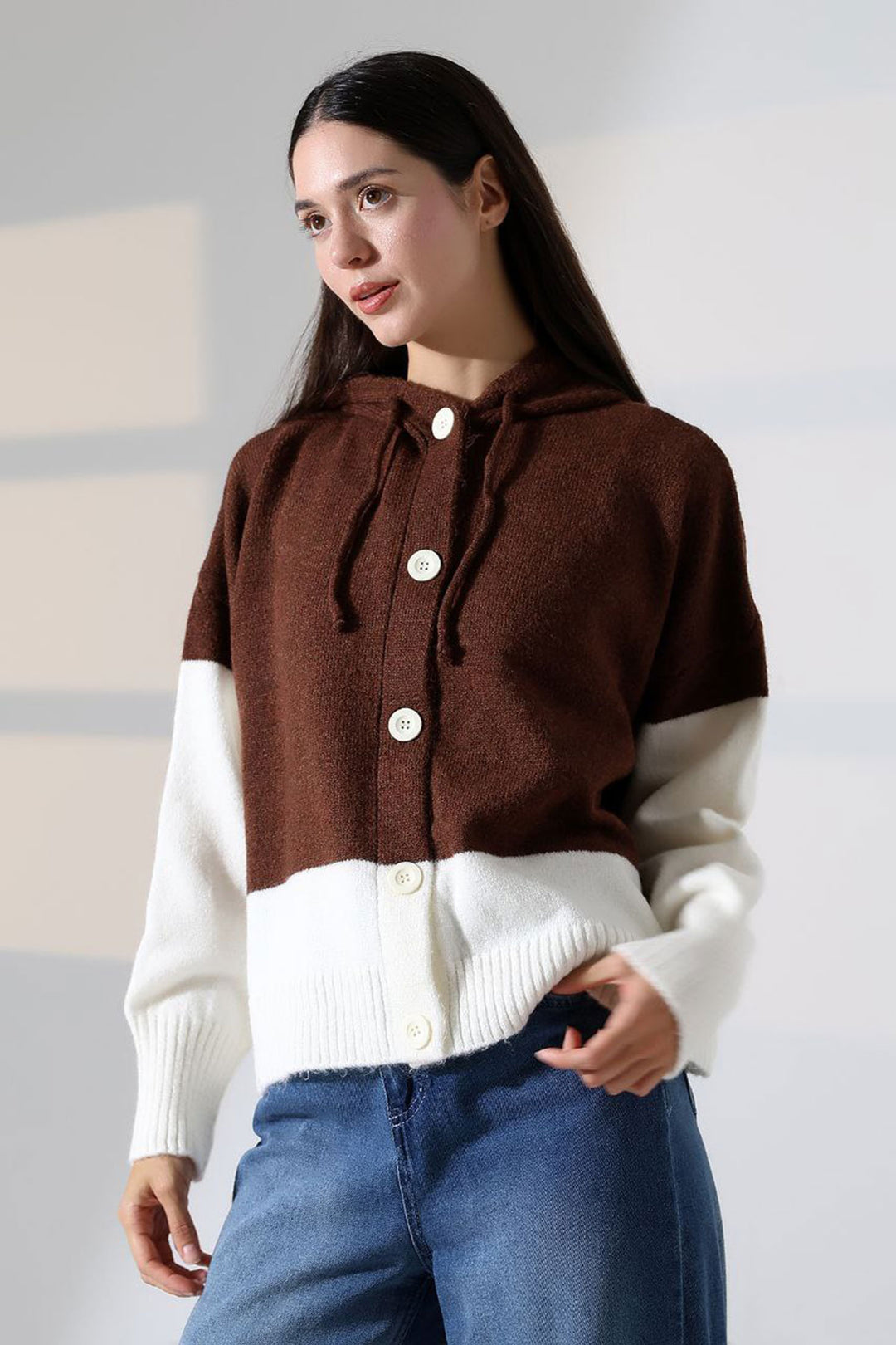 Brown Color Block Hooded Buttoned Knit Cardigan BCES-252017 - Macerata