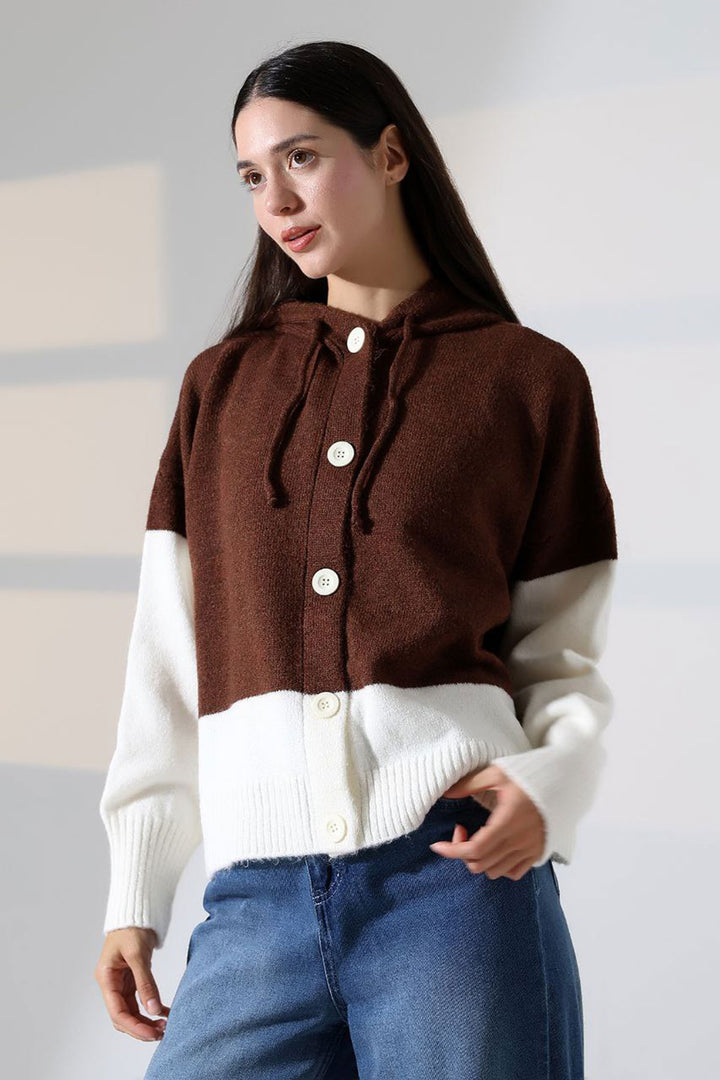 Brown Color Block Hooded Buttoned Knit Cardigan BCES-252017 - Macerata