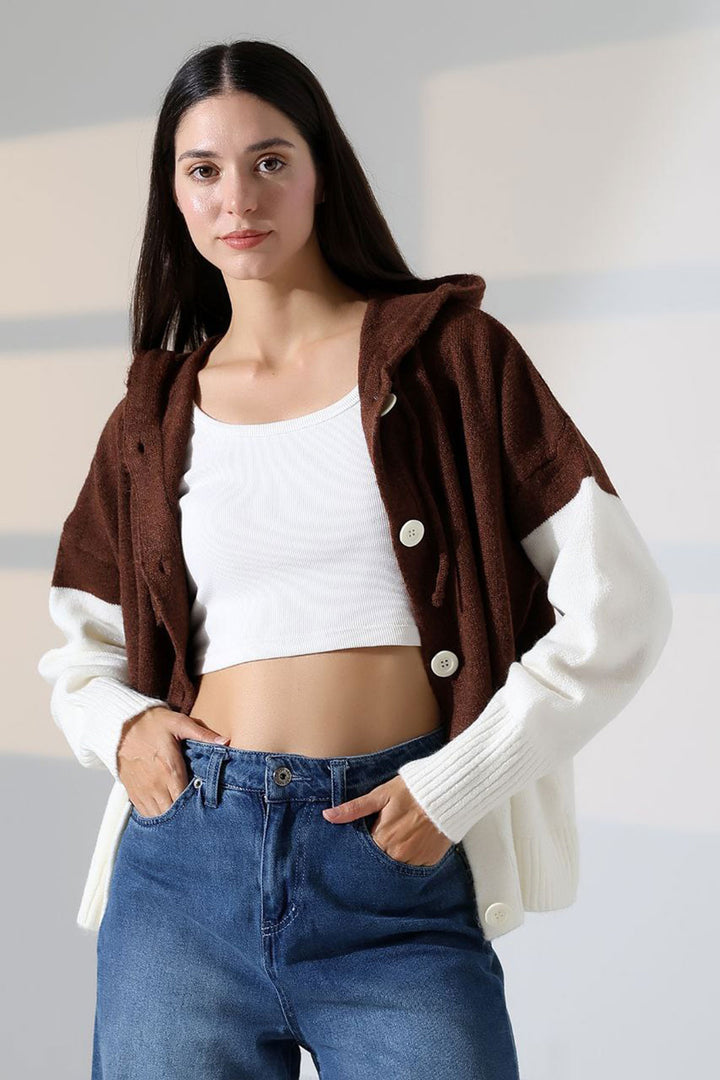 Brown Color Block Hooded Buttoned Knit Cardigan BCES-252017 - Macerata