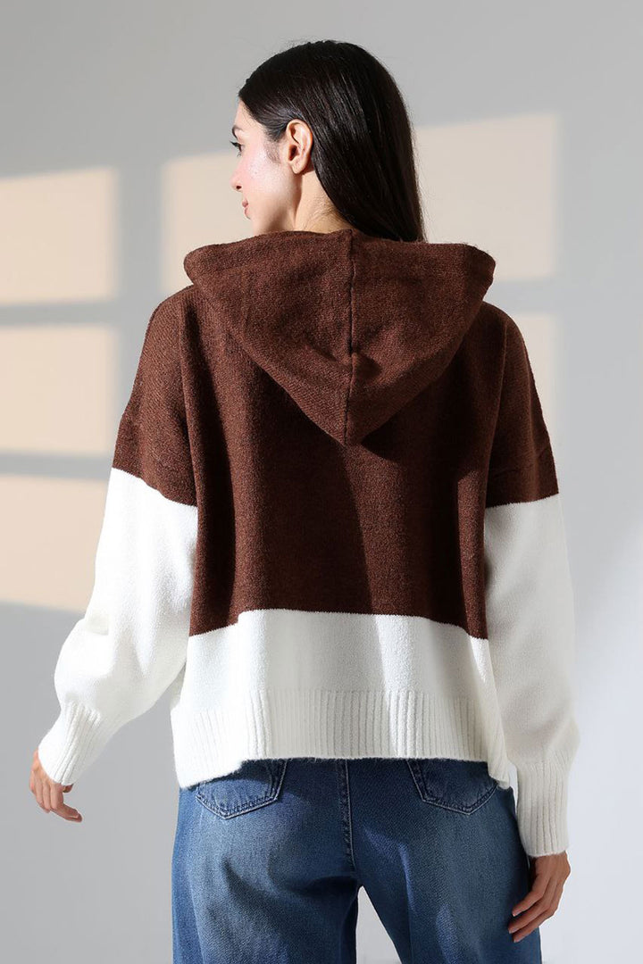 Brown Color Block Hooded Buttoned Knit Cardigan BCES-252017 - Macerata