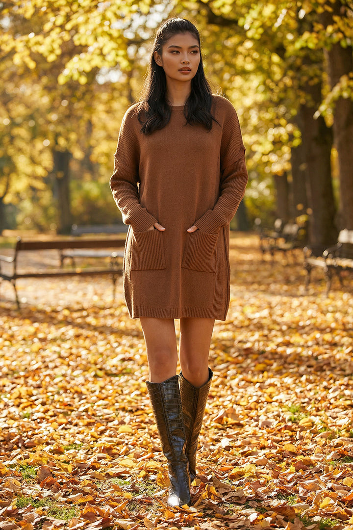 Brown Ribbed Bicycle Neck Mini Knit Dress BCHPK-251239 - Irpin