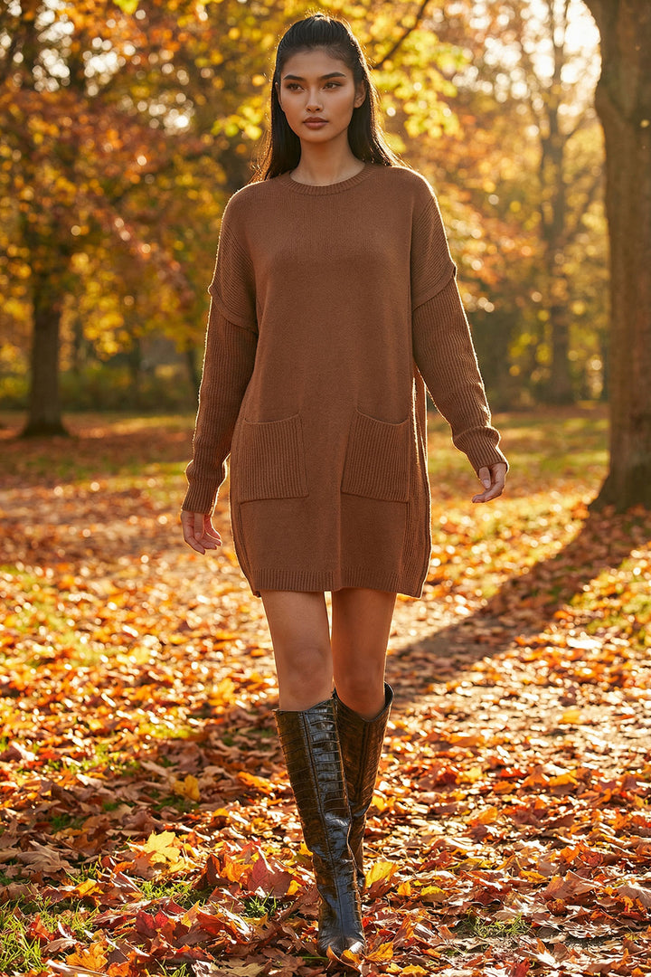 Brown Ribbed Bicycle Neck Mini Knit Dress BCHPK-251239 - Irpin
