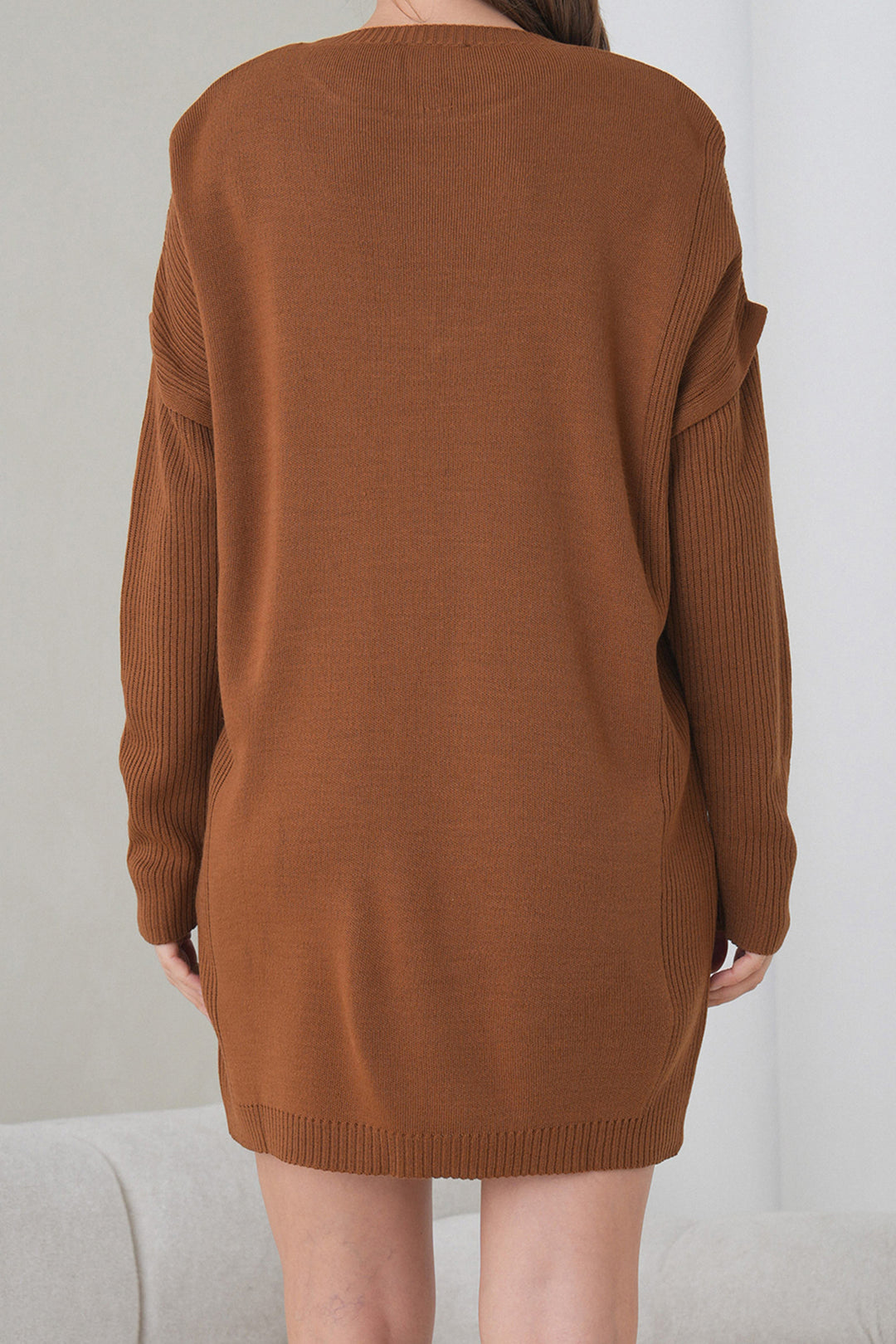 Brown Ribbed Bicycle Neck Mini Knit Dress BCHPK-251239 - Irpin