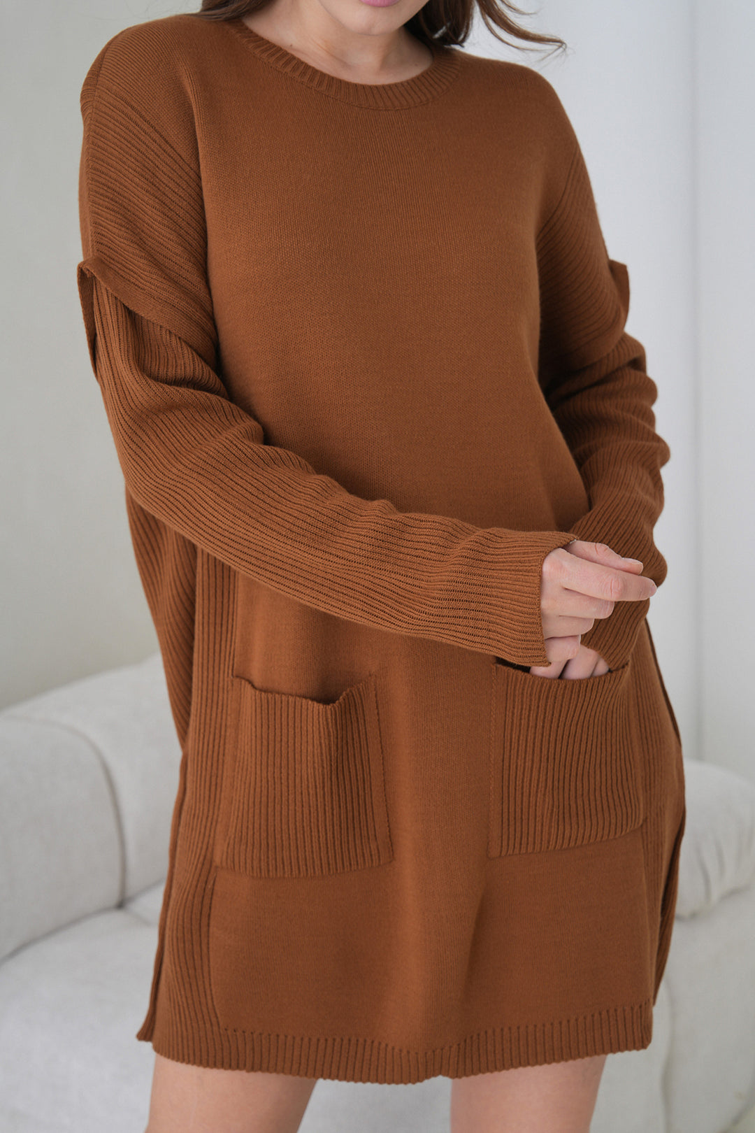 Brown Ribbed Bicycle Neck Mini Knit Dress BCHPK-251239 - Irpin