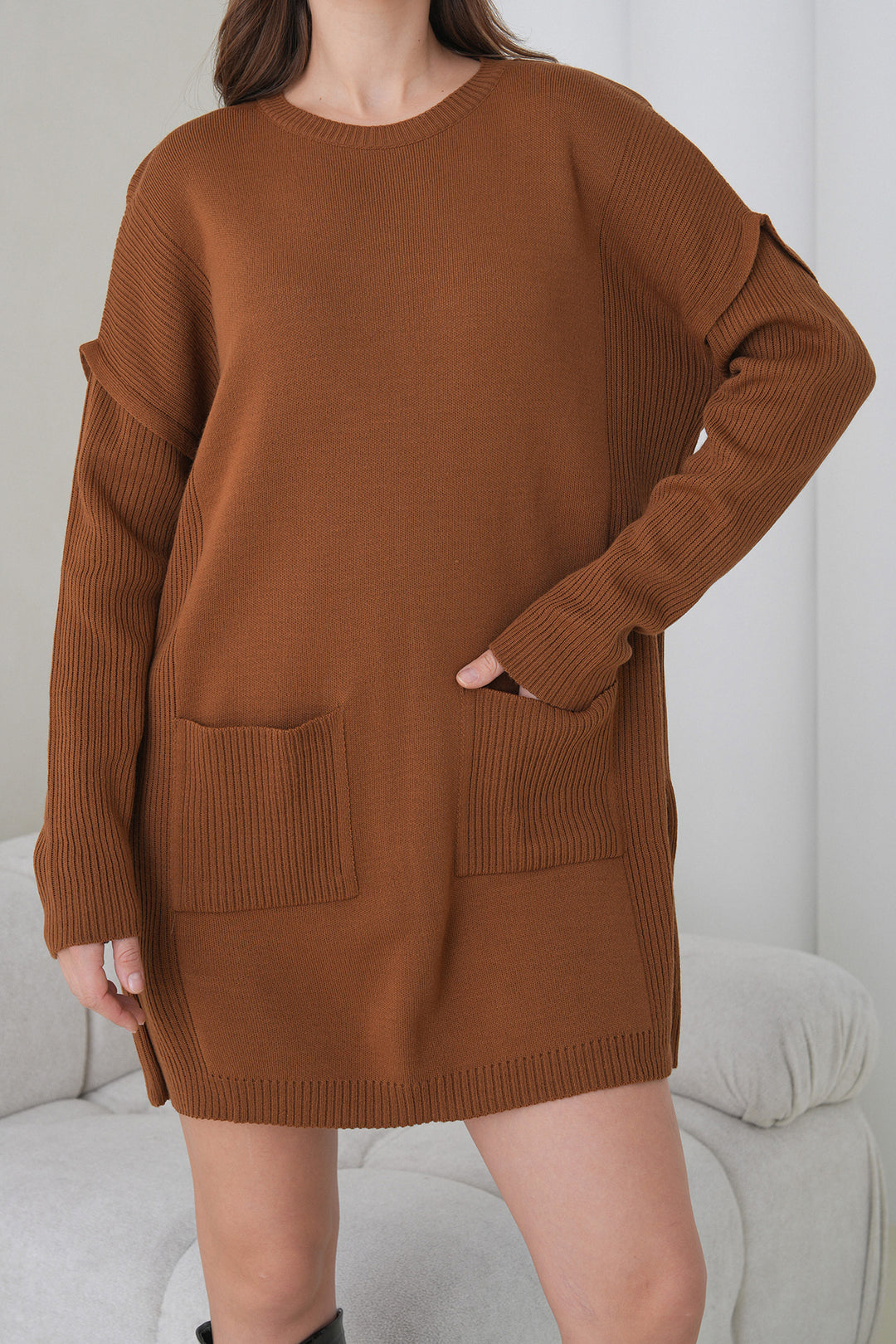 Brown Ribbed Bicycle Neck Mini Knit Dress BCHPK-251239 - Irpin