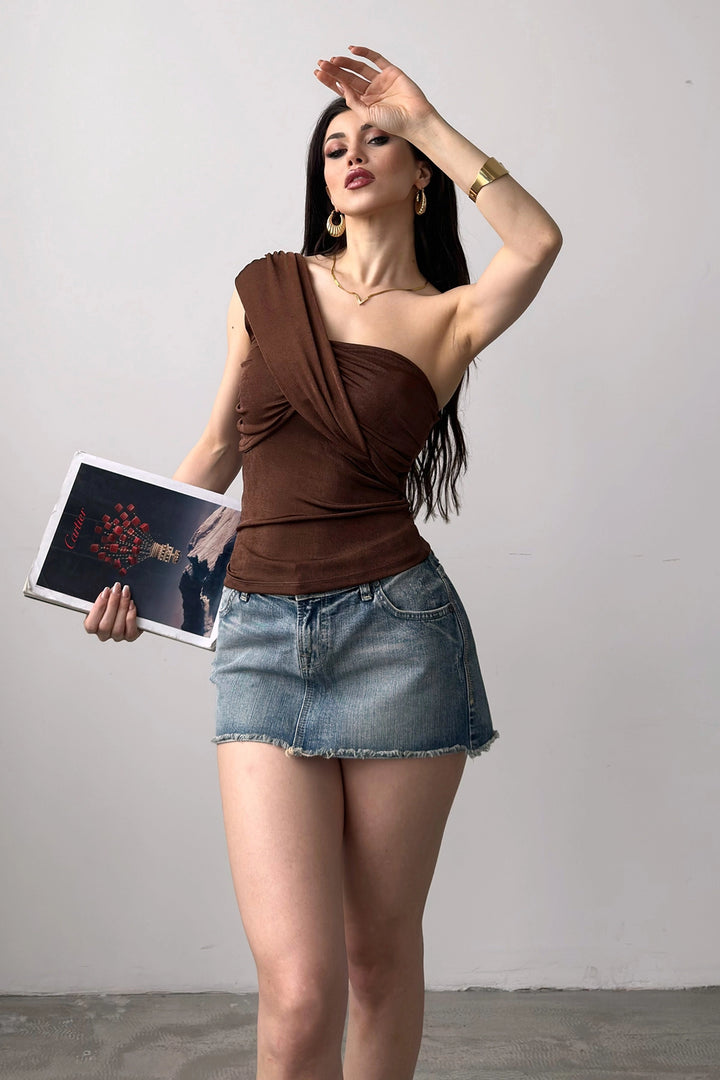 Brown Single Shoulder Buzzy Blouse BCDF-241060 - Glens Falls