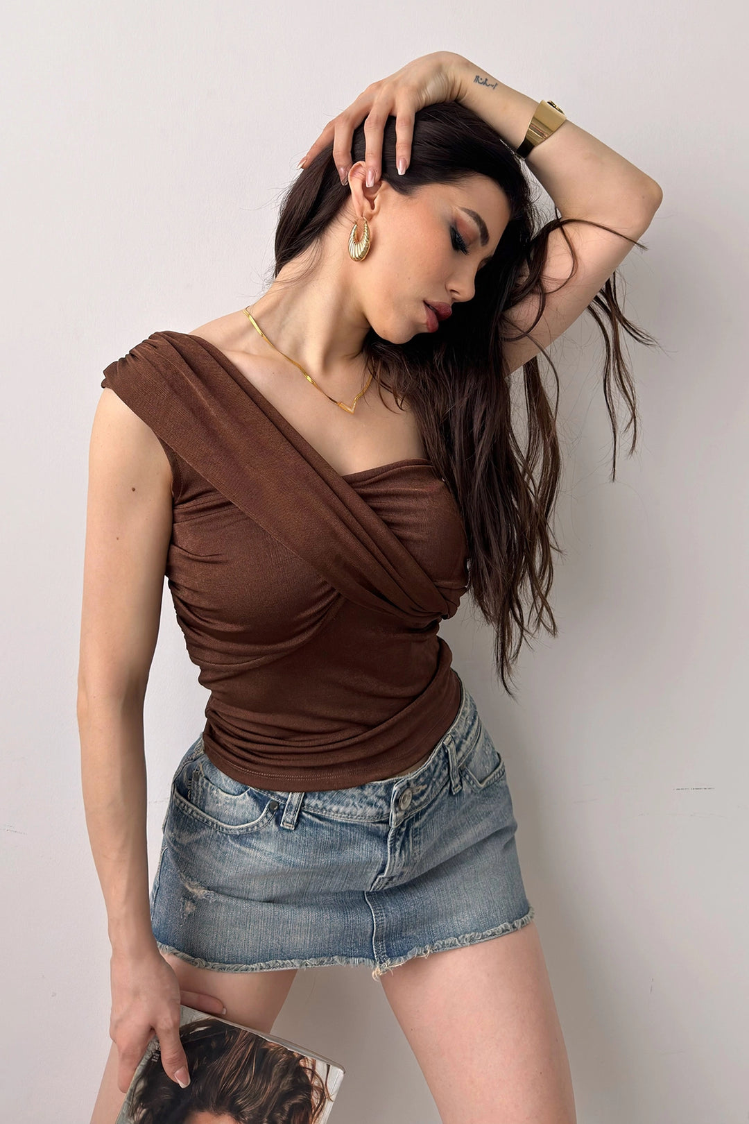 Brown Single Shoulder Buzzy Blouse BCDF-241060 - Glens Falls