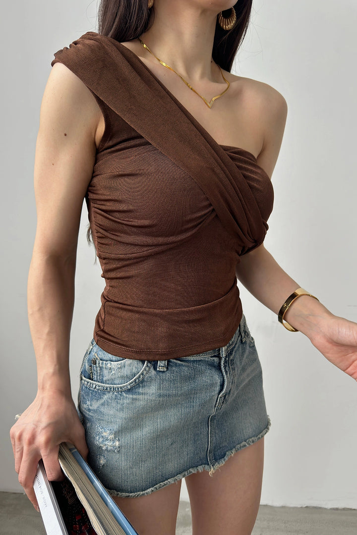 Brown Single Shoulder Buzzy Blouse BCDF-241060 - Glens Falls