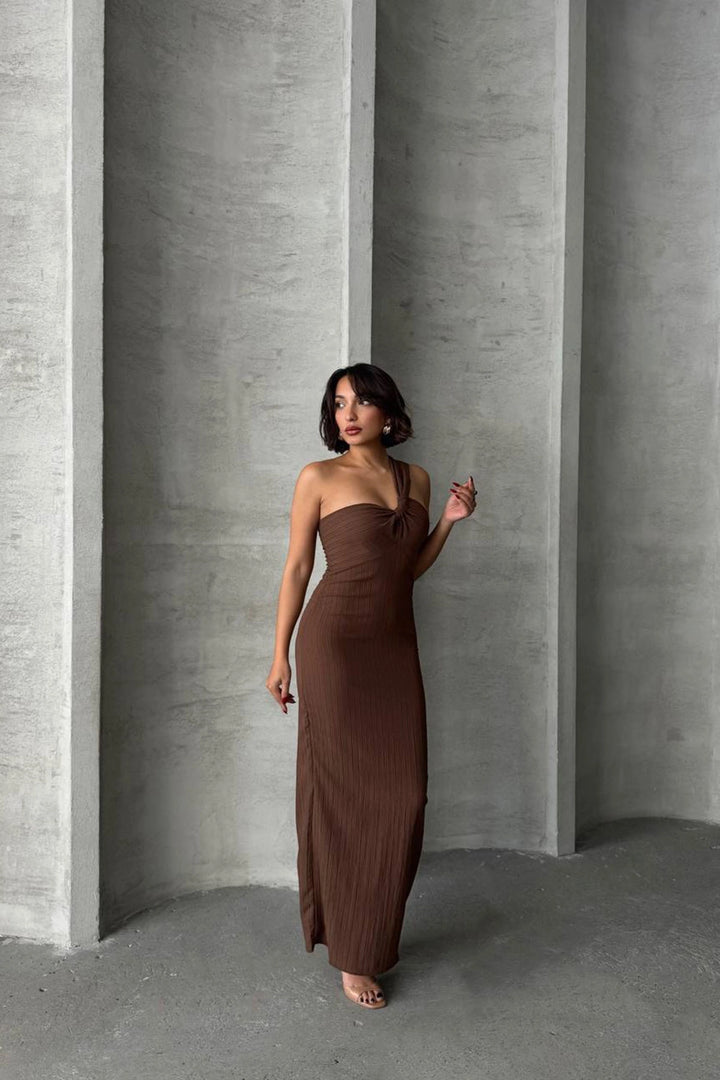 Brown Maxi Dress with Single Shoulder Detail BCHN-2525455 - Newark