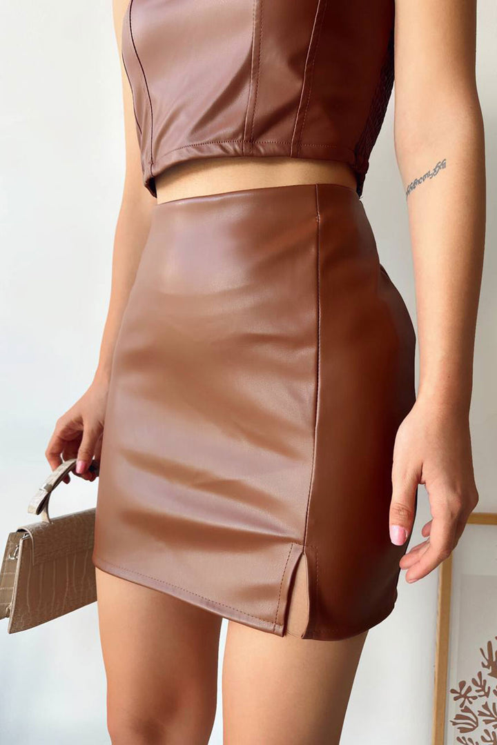 Brown Faux Leather Skirt with Single Slit BCHN-2526475 - Barnsley