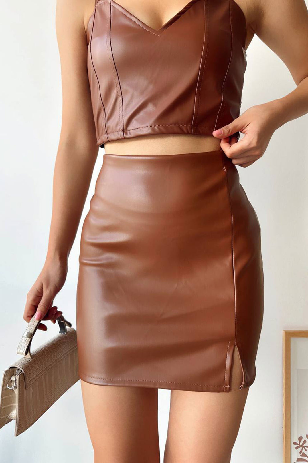 Brown Faux Leather Skirt with Single Slit BCHN-2526475 - Barnsley