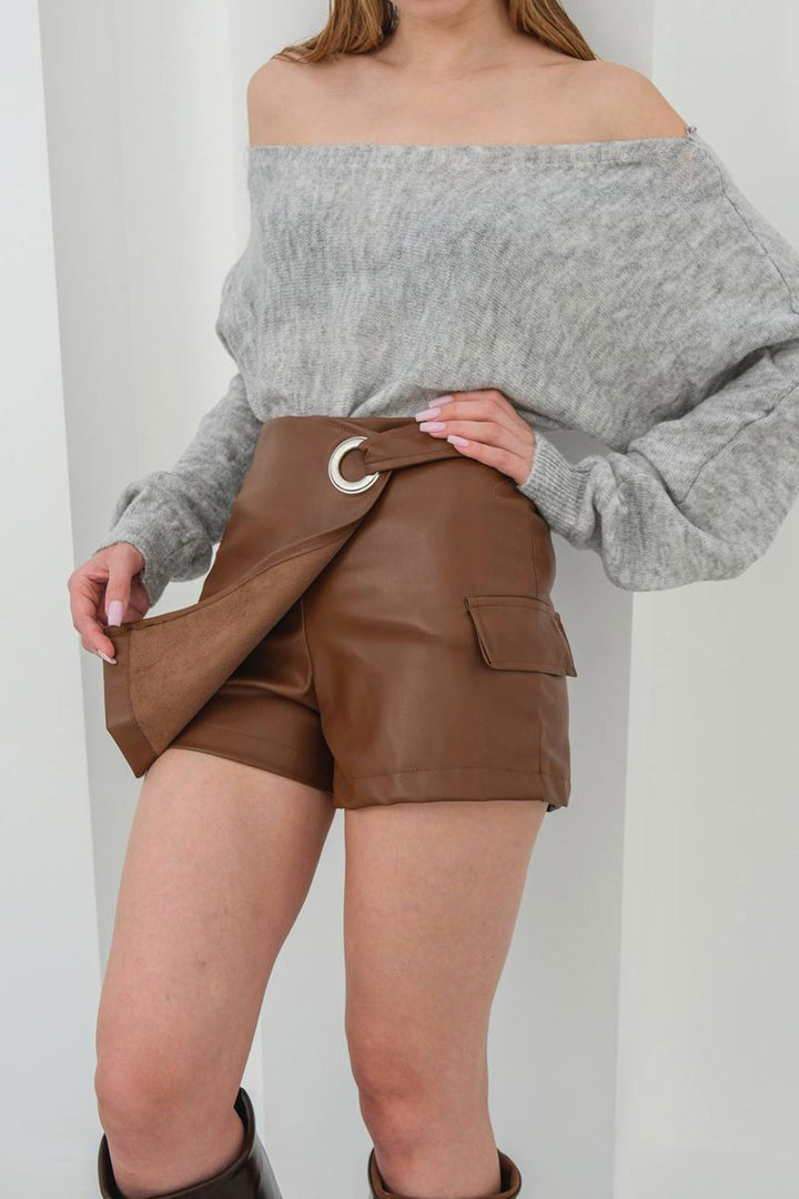 Brown Shorts Skirt with Buckle BCHN-25W260107 - Irvington