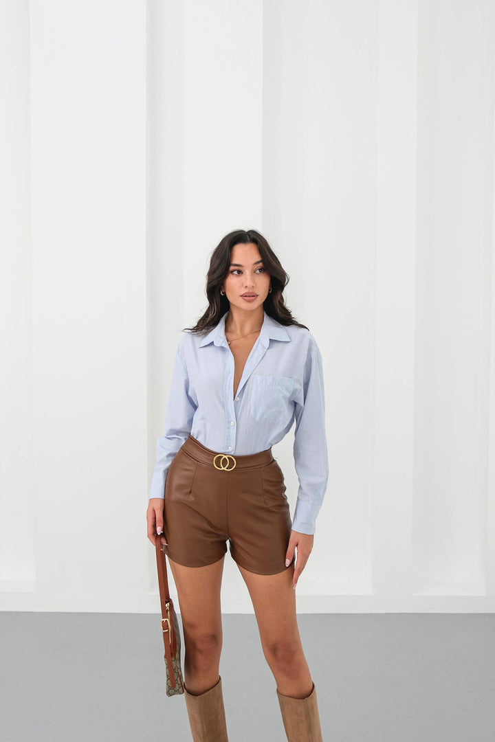 Brown Buckled Faux Leather Shorts BCHN-2526444 - Kettering