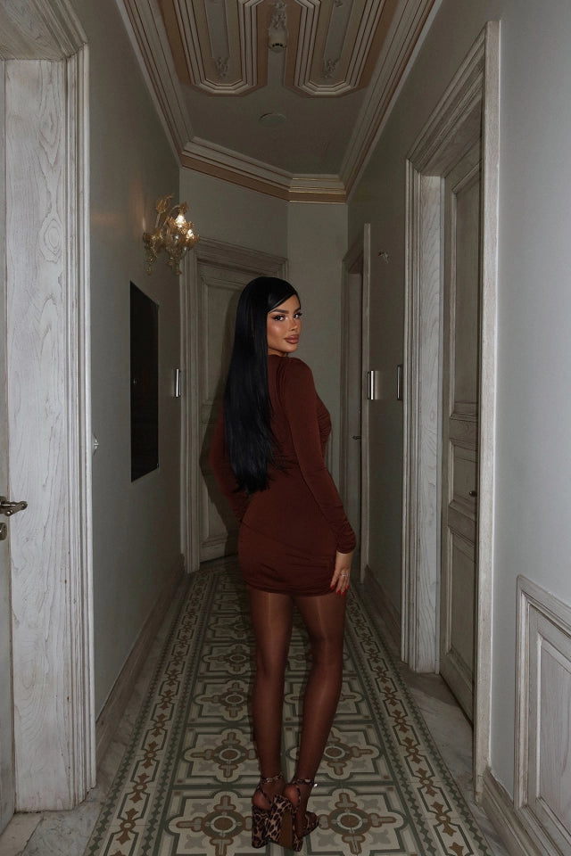 EYY Women Brown Long Sleeve Belt Detail Dress - Moers