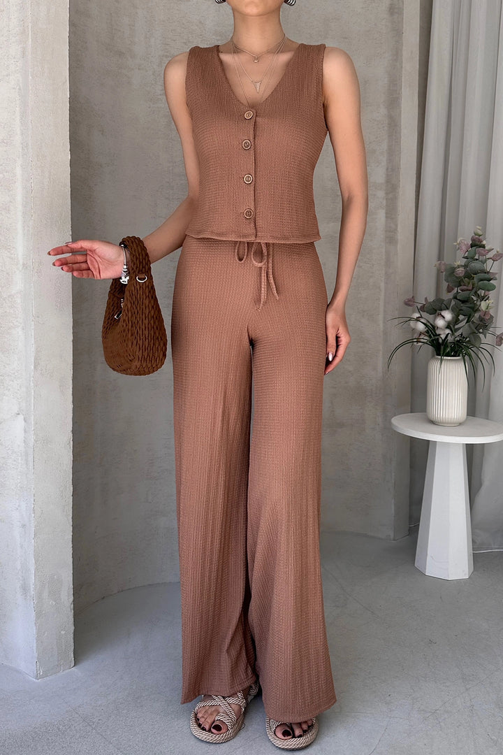 Brown V-Neck Buttoned Vest and Pants Set BCDF-252190 - Nashville