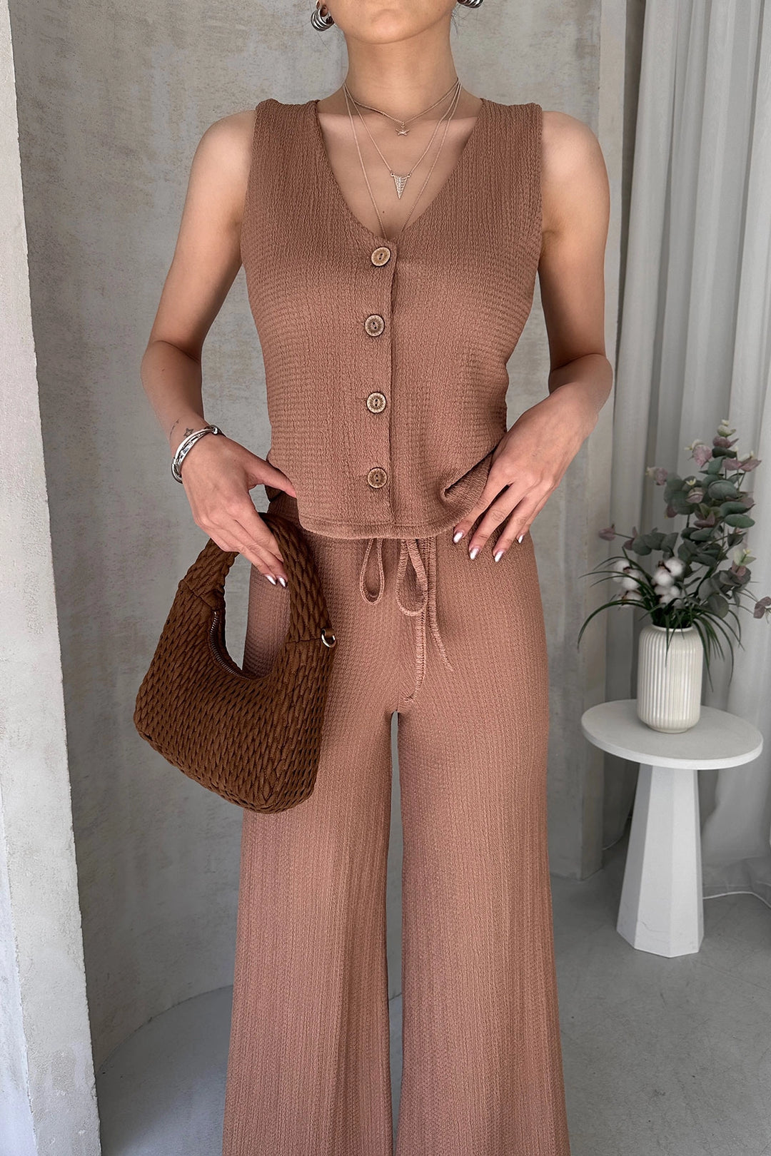 Brown V-Neck Buttoned Vest and Pants Set BCDF-252190 - Nashville