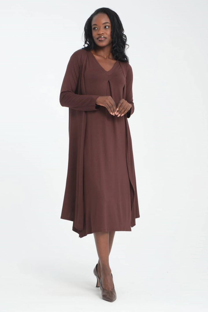Brown V-Neck Sleeveless Dress and Soft Textured Viscon Top Set with Long Cardigan BCVS-253000 - Hueyapan de Ocampo