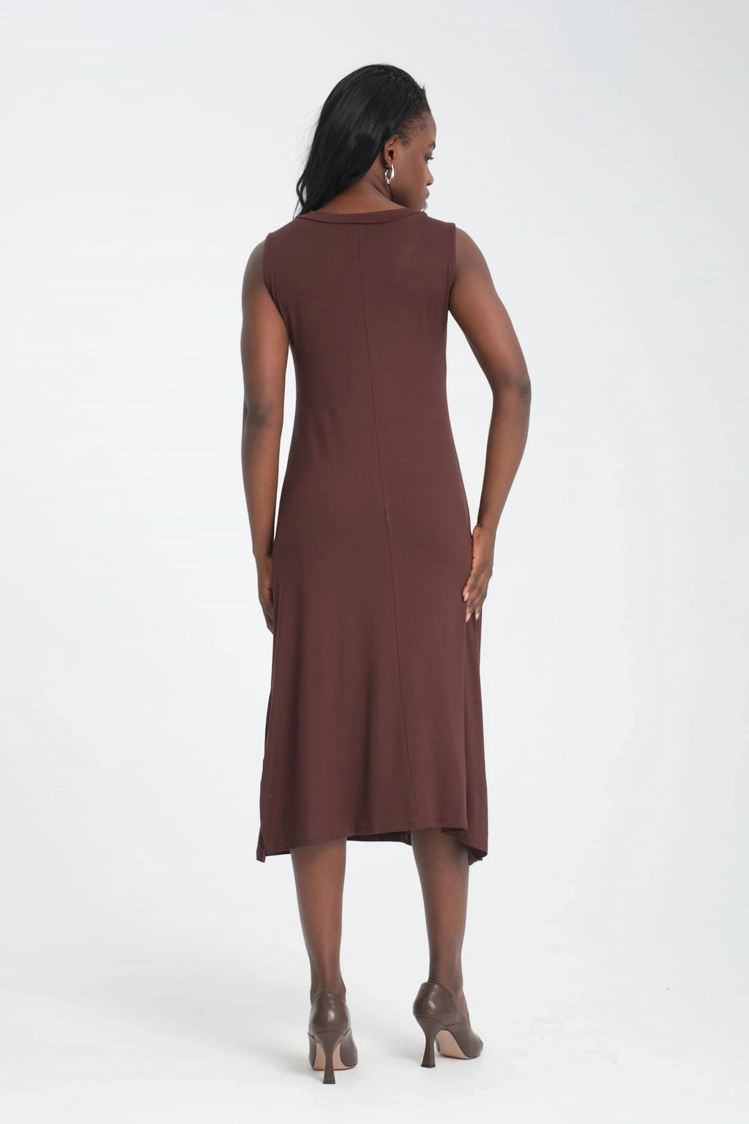 Brown V-Neck Sleeveless Dress and Soft Textured Viscon Top Set with Long Cardigan BCVS-253000 - Hueyapan de Ocampo