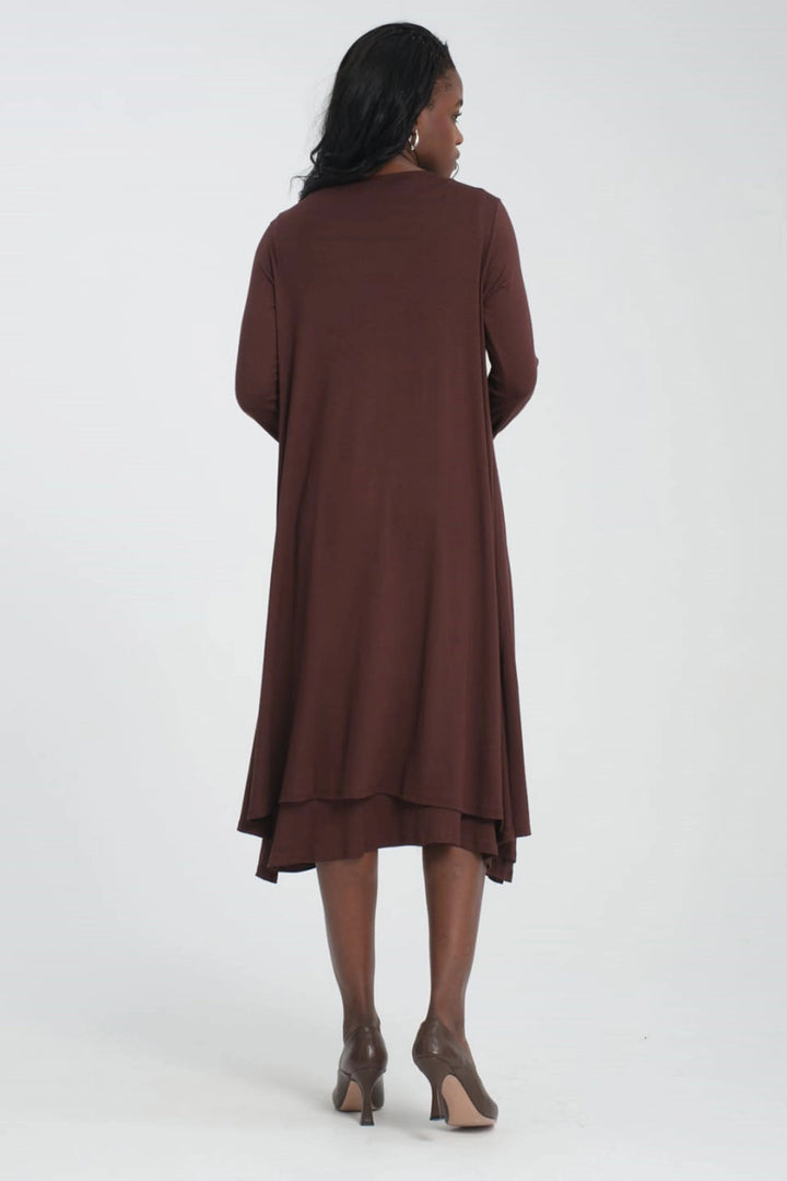 Brown V-Neck Sleeveless Dress and Soft Textured Viscon Top Set with Long Cardigan BCVS-253000 - Hueyapan de Ocampo