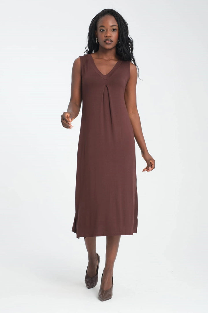 Brown V-Neck Sleeveless Dress and Soft Textured Viscon Top Set with Long Cardigan BCVS-253000 - Hueyapan de Ocampo