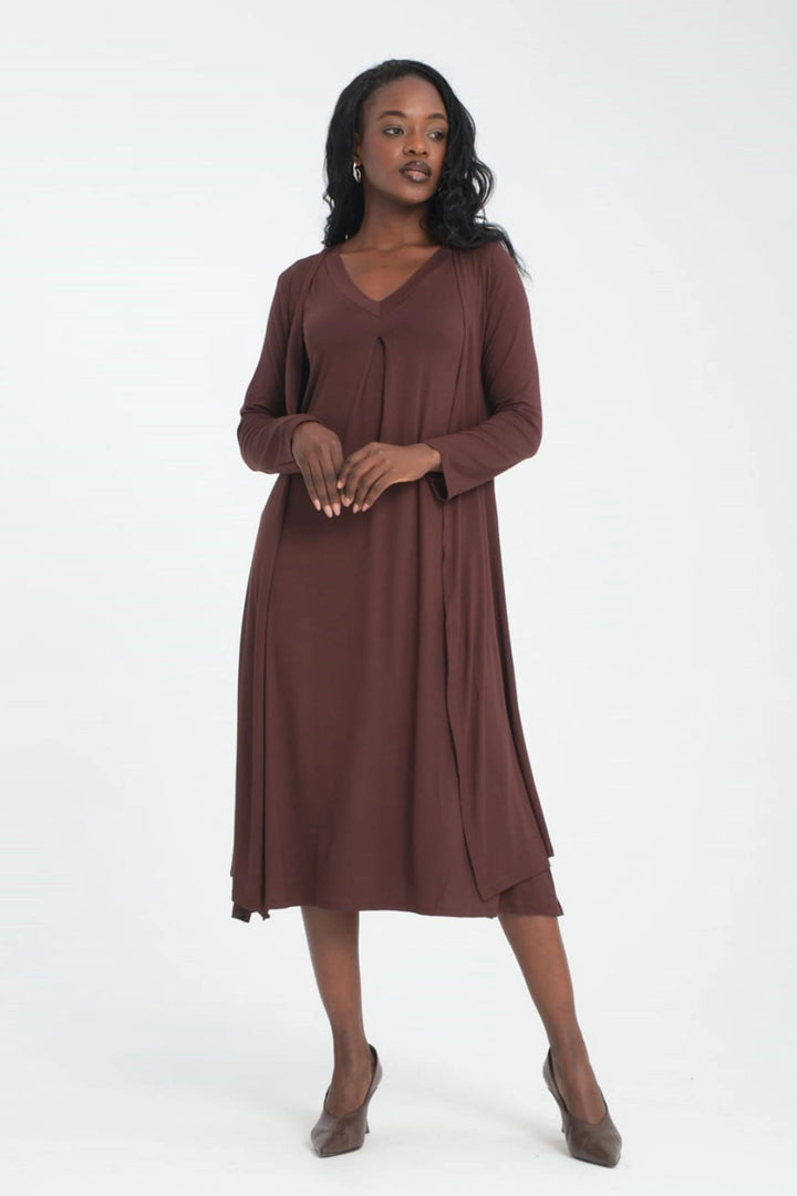 Brown V-Neck Sleeveless Dress and Soft Textured Viscon Top Set with Long Cardigan BCVS-253000 - Hueyapan de Ocampo