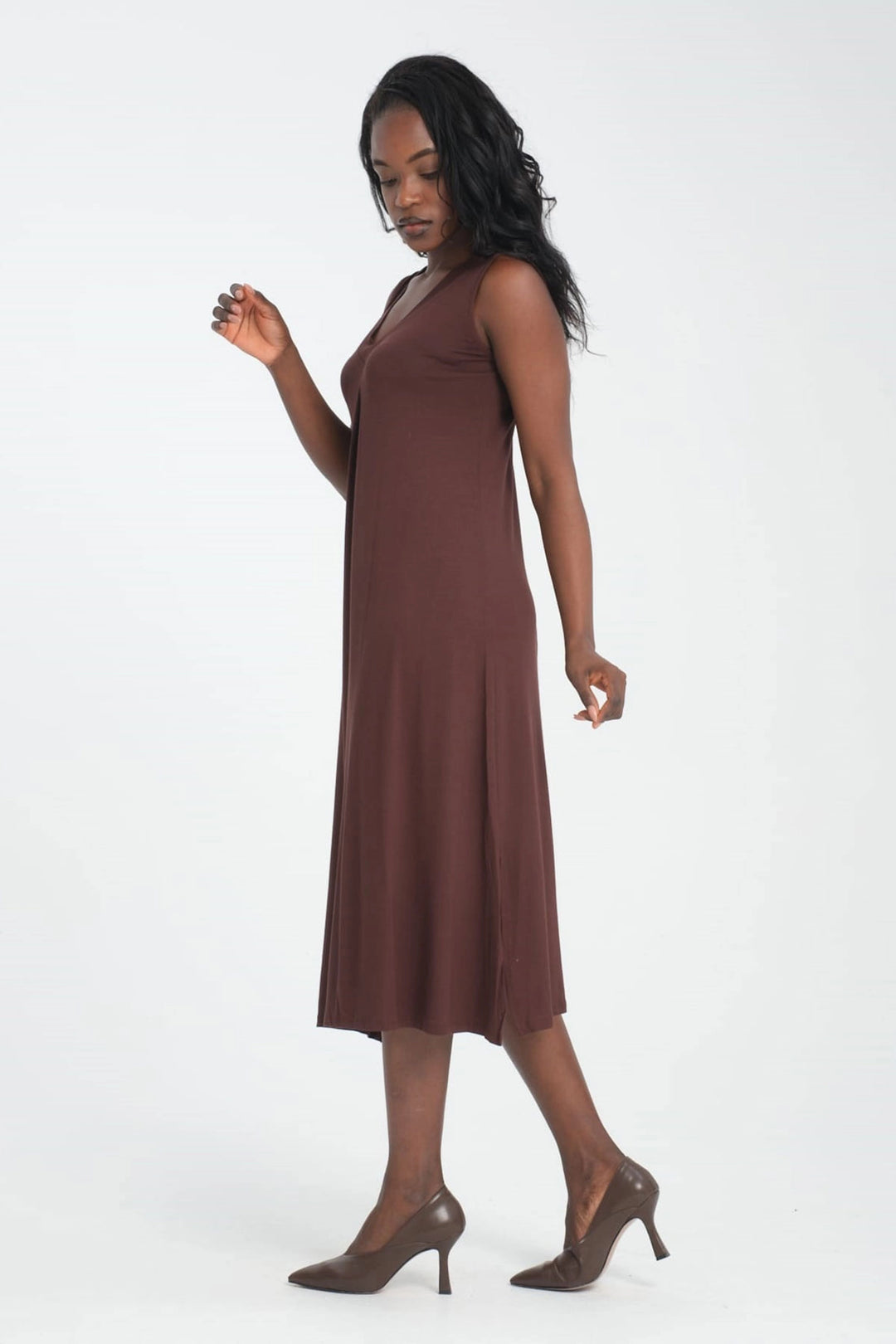 Brown V-Neck Sleeveless Dress and Soft Textured Viscon Top Set with Long Cardigan BCVS-253000 - Hueyapan de Ocampo