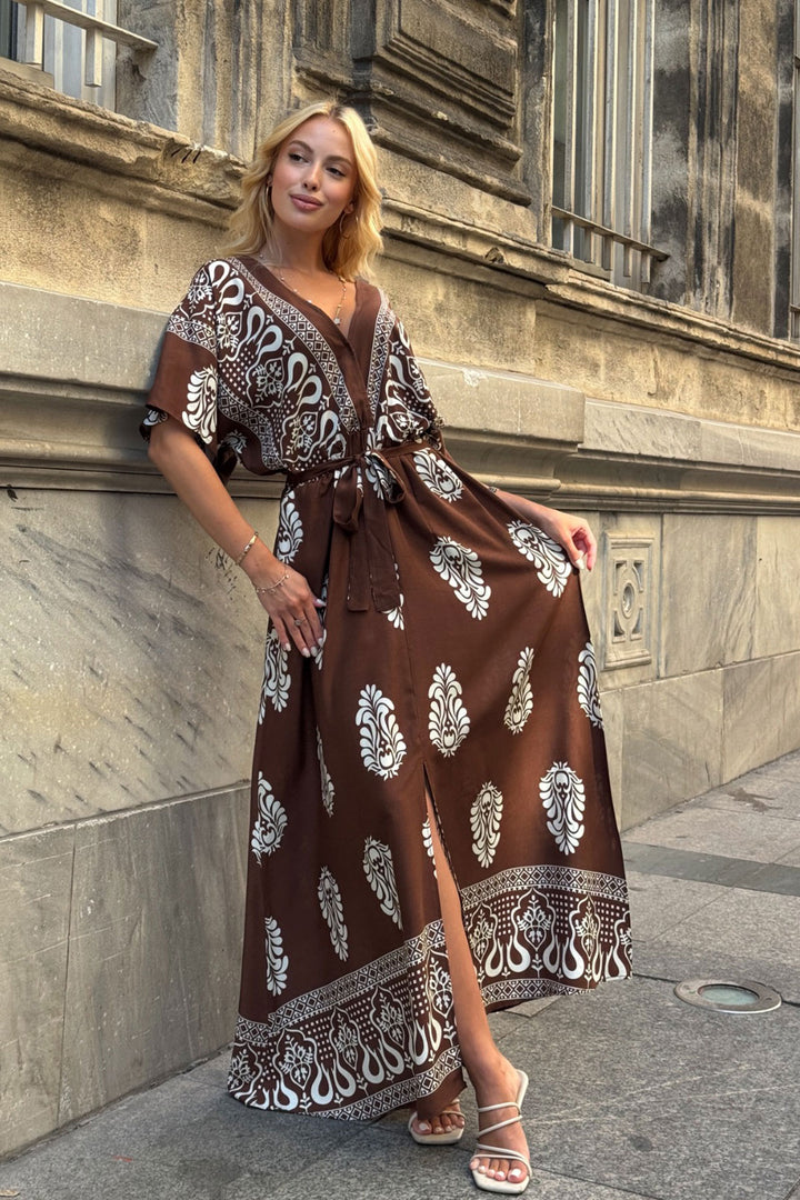 Brown V-Neck Maxi Dress with Slit Patterned Viscose Fabric BCVL-25V208 - Mineral de la Reforma
