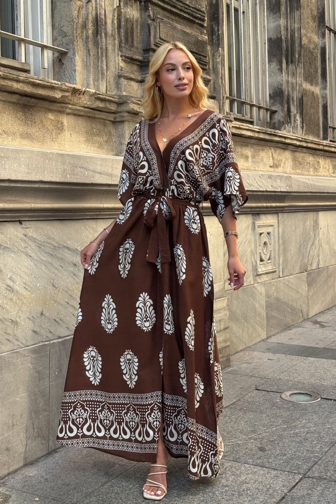 Brown V-Neck Maxi Dress with Slit Patterned Viscose Fabric BCVL-25V208 - Mineral de la Reforma