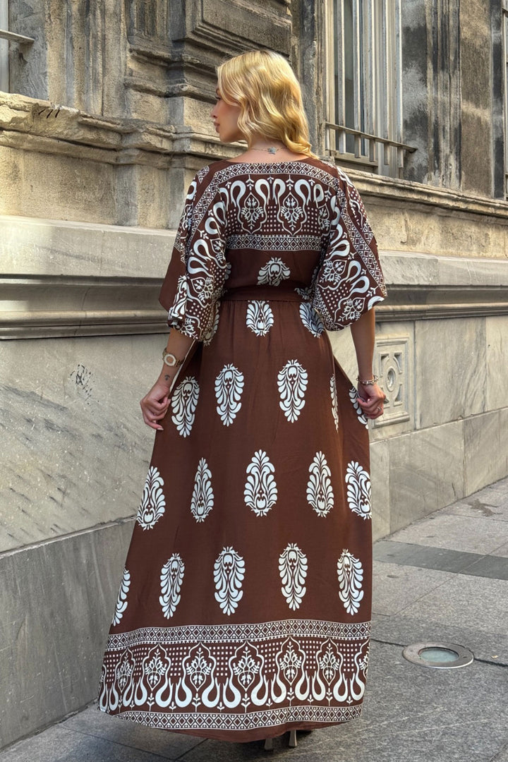 Brown V-Neck Maxi Dress with Slit Patterned Viscose Fabric BCVL-25V208 - Mineral de la Reforma