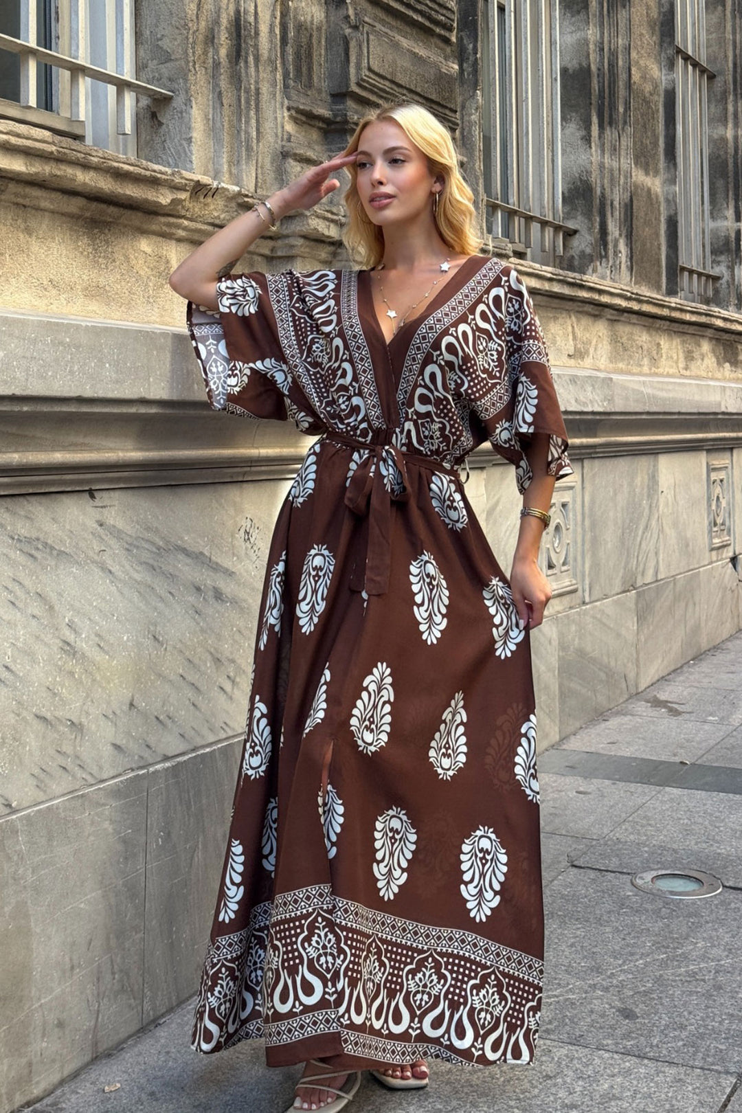 Brown V-Neck Maxi Dress with Slit Patterned Viscose Fabric BCVL-25V208 - Mineral de la Reforma
